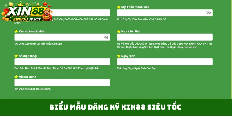 Biểu mẫu đăng ký Xin88 siêu tốc